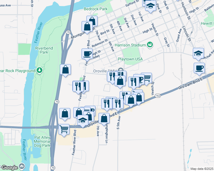map of restaurants, bars, coffee shops, grocery stores, and more near 675 Mitchell Avenue in Oroville