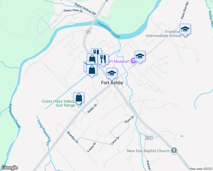 map of restaurants, bars, coffee shops, grocery stores, and more near 66 Fort Ashby Bridge Road in Fort Ashby