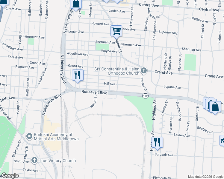 map of restaurants, bars, coffee shops, grocery stores, and more near 2203 Roosevelt Boulevard in Middletown