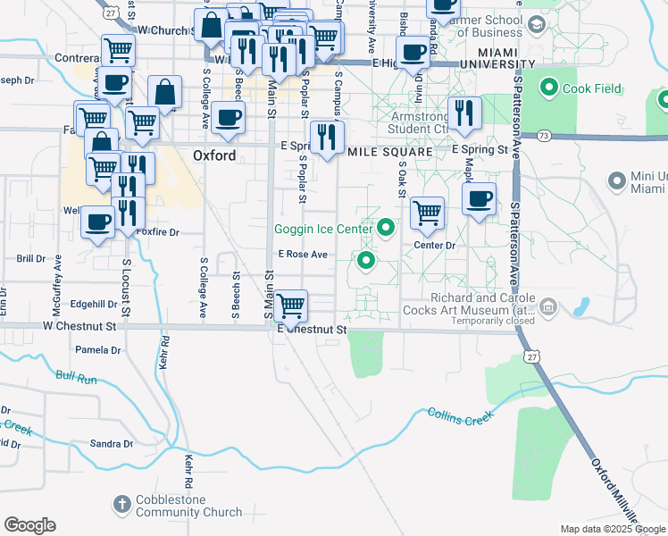 map of restaurants, bars, coffee shops, grocery stores, and more near 700 South Campus Avenue in Oxford