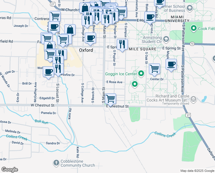 map of restaurants, bars, coffee shops, grocery stores, and more near 709 South Main Street in Oxford