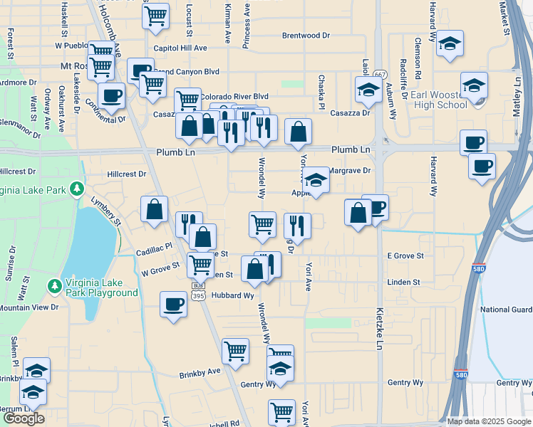 map of restaurants, bars, coffee shops, grocery stores, and more near 2410 Wrondel Way in Reno