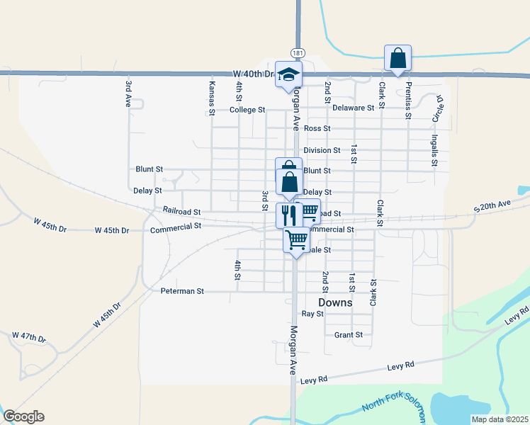 map of restaurants, bars, coffee shops, grocery stores, and more near Railroad Street in Downs