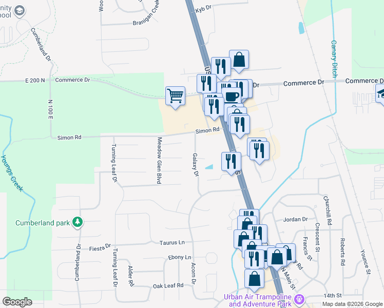 map of restaurants, bars, coffee shops, grocery stores, and more near 2147 Galaxy Drive in Franklin