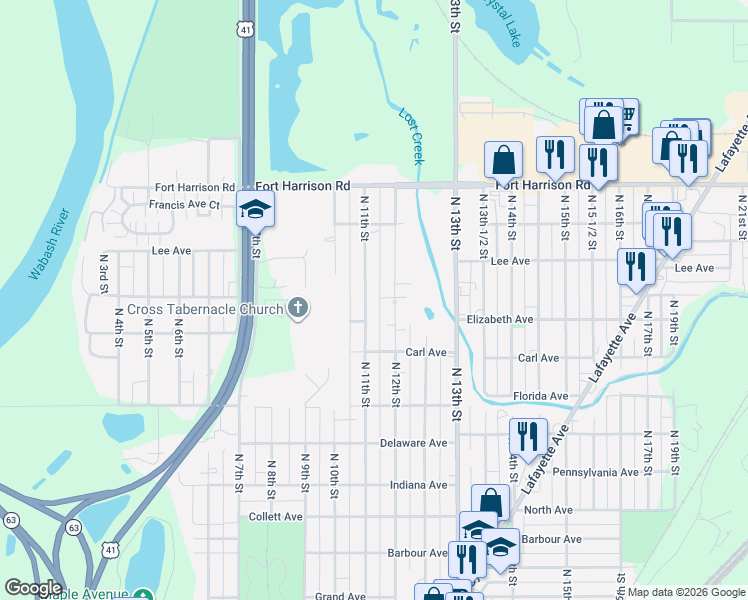 map of restaurants, bars, coffee shops, grocery stores, and more near 3020 North 11th Street in Terre Haute