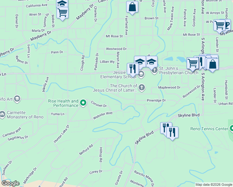 map of restaurants, bars, coffee shops, grocery stores, and more near 1190 Pineridge Drive in Reno