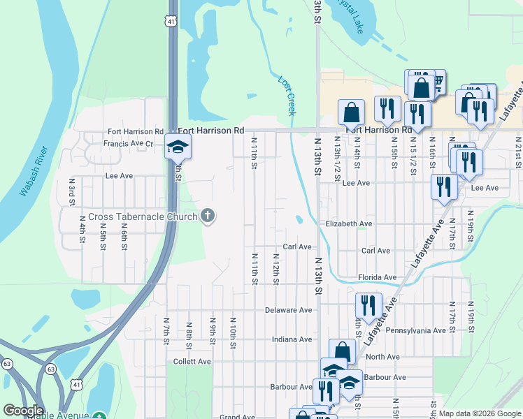map of restaurants, bars, coffee shops, grocery stores, and more near 3020 North 11th Street in Terre Haute