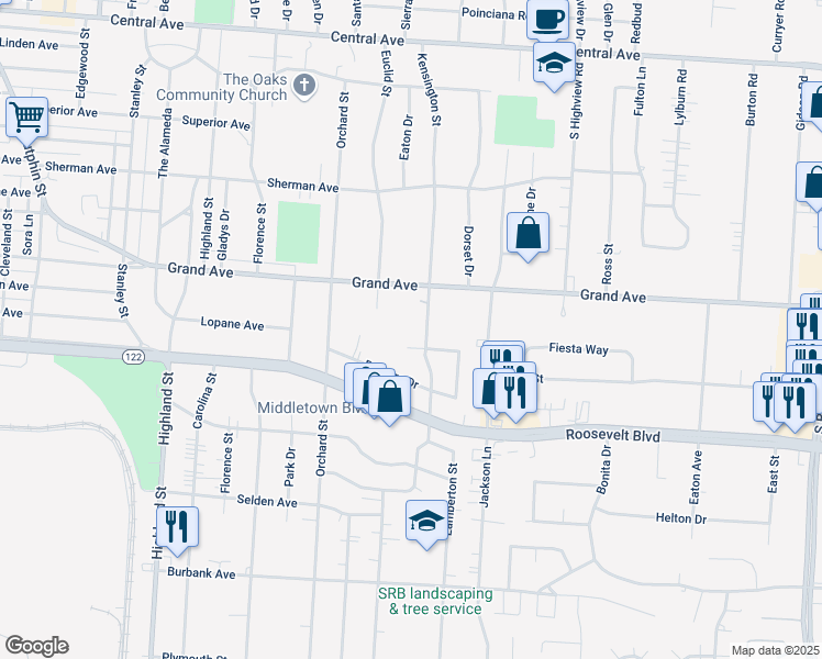 map of restaurants, bars, coffee shops, grocery stores, and more near 710 Kensington Street in Middletown