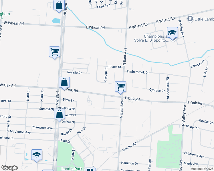 map of restaurants, bars, coffee shops, grocery stores, and more near 358 East Oak Road in Vineland