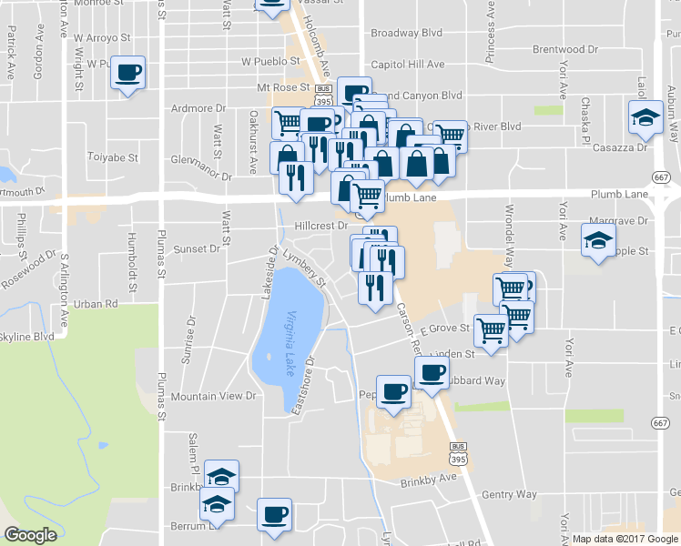 map of restaurants, bars, coffee shops, grocery stores, and more near 245 Gramercy Lane in Reno