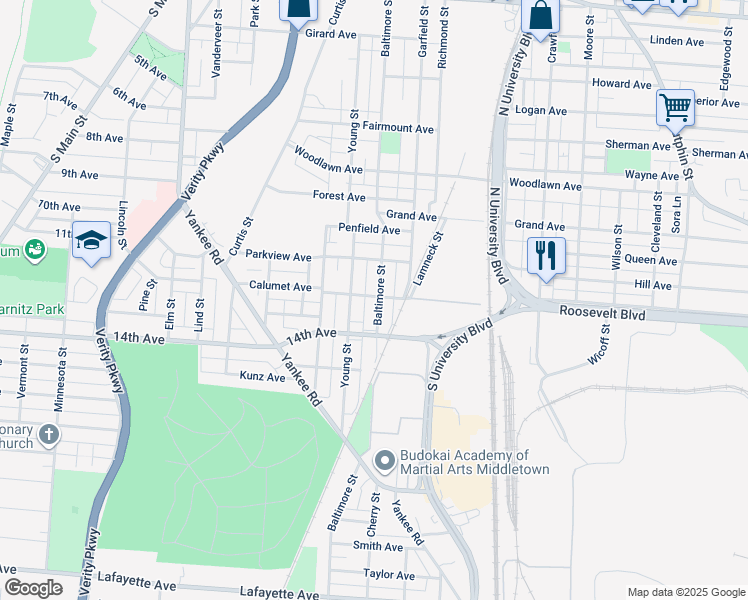 map of restaurants, bars, coffee shops, grocery stores, and more near 1211 Baltimore Street in Middletown