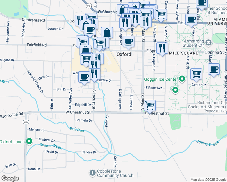 map of restaurants, bars, coffee shops, grocery stores, and more near 300 Brookview Court in Oxford