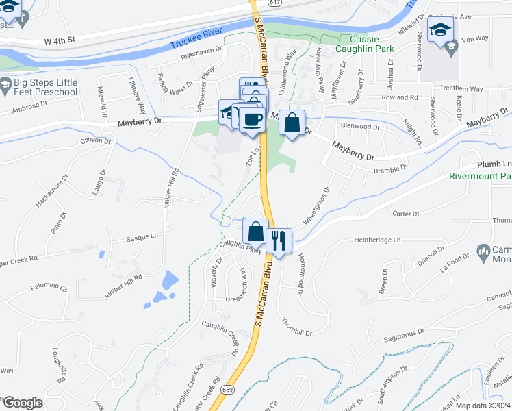 map of restaurants, bars, coffee shops, grocery stores, and more near 805 Caughlin Crossing in Reno