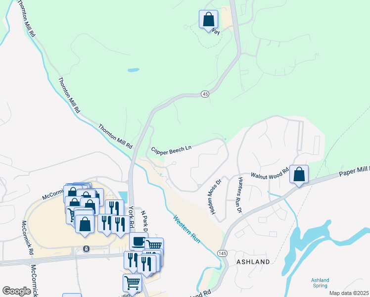 map of restaurants, bars, coffee shops, grocery stores, and more near Copper Beech Lane in Cockeysville