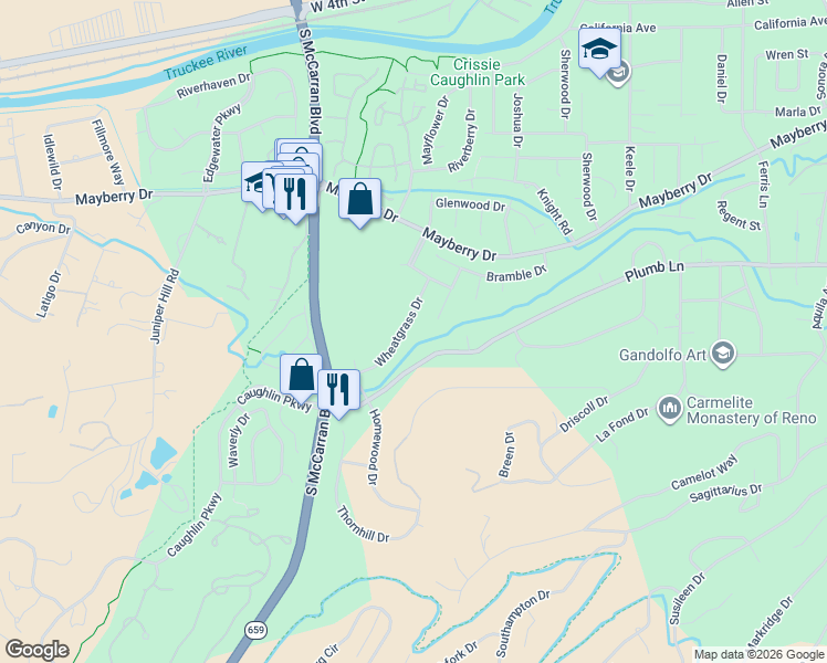 map of restaurants, bars, coffee shops, grocery stores, and more near 3535 West Plumb Lane in Reno
