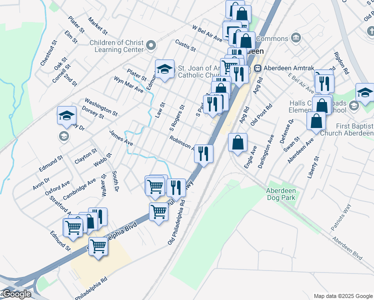 map of restaurants, bars, coffee shops, grocery stores, and more near 503 South Parke Street in Aberdeen