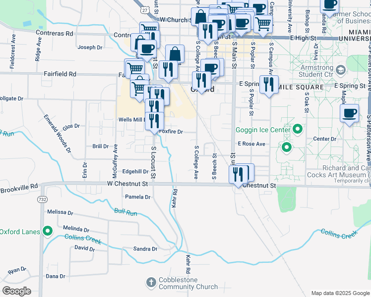 map of restaurants, bars, coffee shops, grocery stores, and more near 300 Brookview Court in Oxford