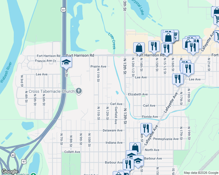 map of restaurants, bars, coffee shops, grocery stores, and more near 3006 North 12th Street in Terre Haute