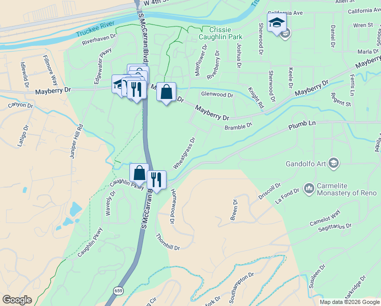 map of restaurants, bars, coffee shops, grocery stores, and more near 3535 West Plumb Lane in Reno