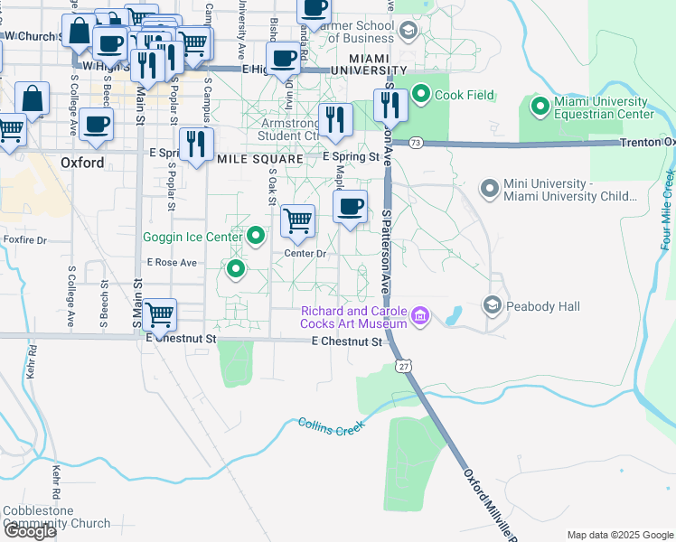 map of restaurants, bars, coffee shops, grocery stores, and more near 631 Maple Street in Oxford