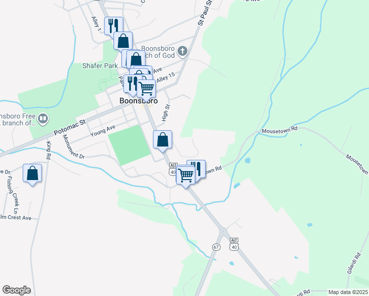 map of restaurants, bars, coffee shops, grocery stores, and more near 141 South Main Street in Boonsboro