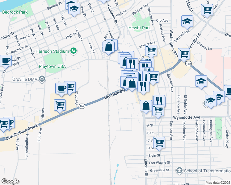 map of restaurants, bars, coffee shops, grocery stores, and more near 1616 Oro Dam Boulevard East in Oroville