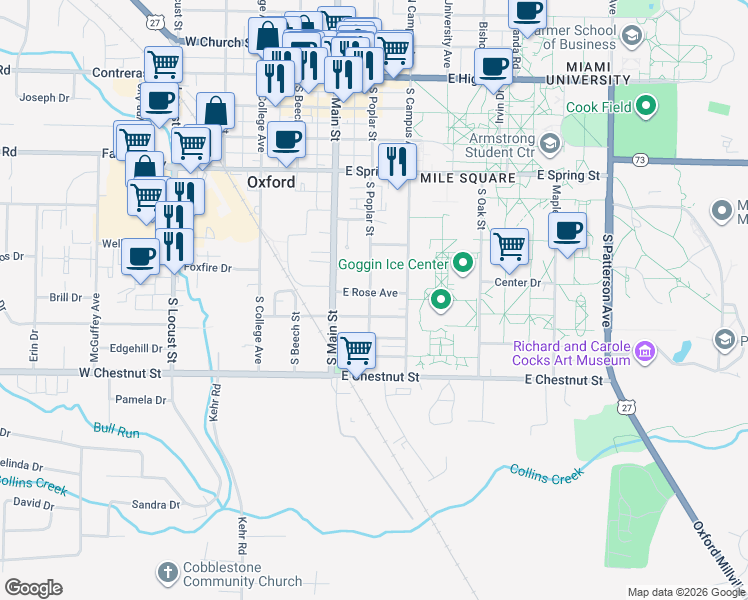 map of restaurants, bars, coffee shops, grocery stores, and more near 607 South Poplar Street in Oxford