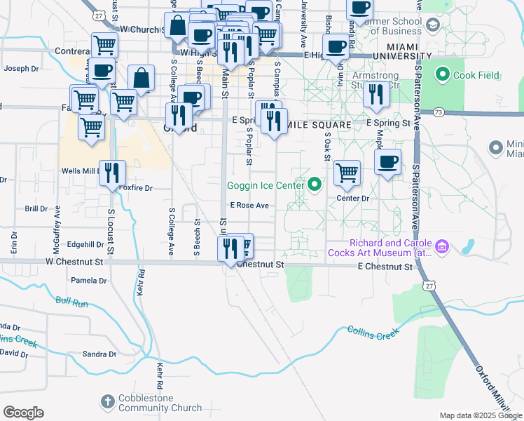 map of restaurants, bars, coffee shops, grocery stores, and more near 115 East Rose Avenue in Oxford