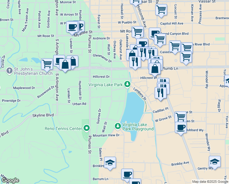 map of restaurants, bars, coffee shops, grocery stores, and more near 2030 Watt Street in Reno