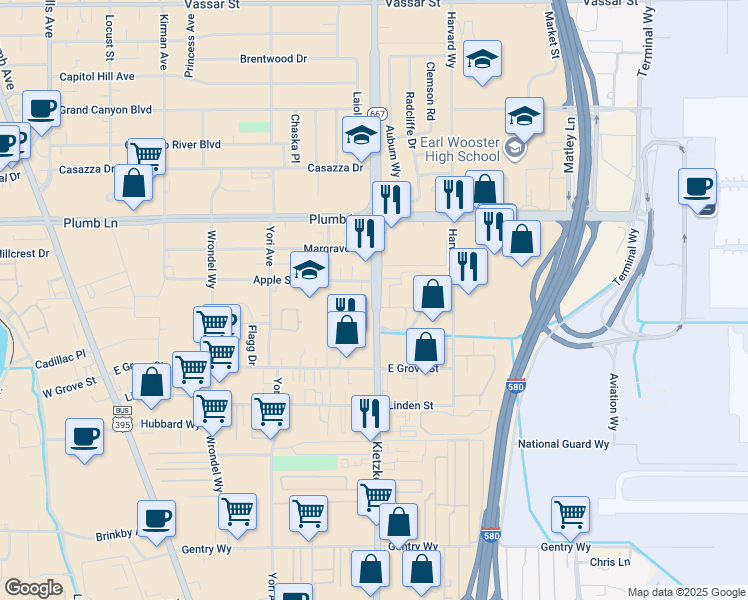 map of restaurants, bars, coffee shops, grocery stores, and more near 2100 Kietzke Lane in Reno