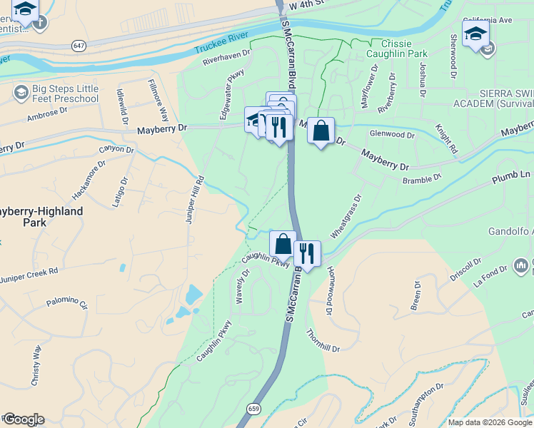 map of restaurants, bars, coffee shops, grocery stores, and more near 4970 Caughlin Glen in Reno