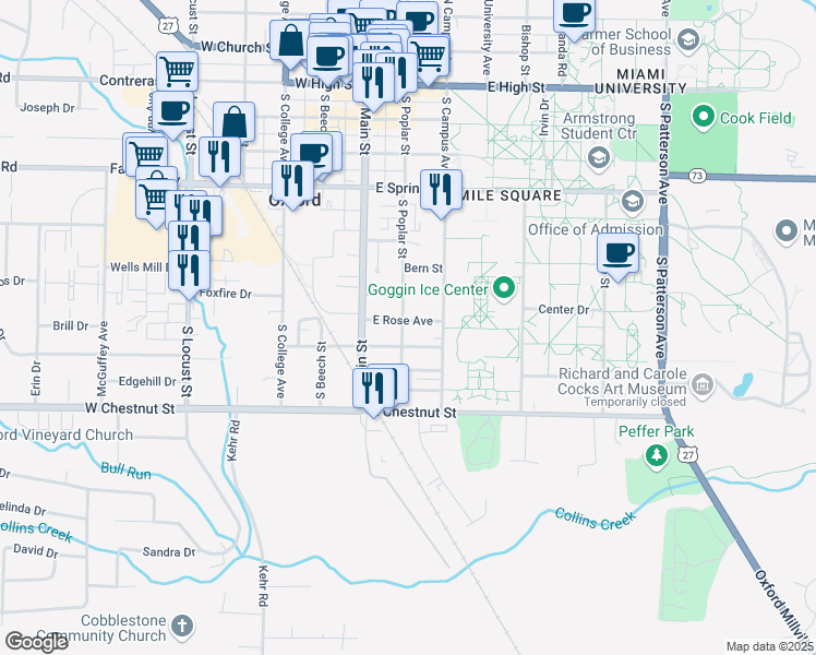 map of restaurants, bars, coffee shops, grocery stores, and more near 605 South Poplar Street in Oxford