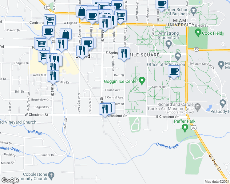map of restaurants, bars, coffee shops, grocery stores, and more near 605 South Poplar Street in Oxford