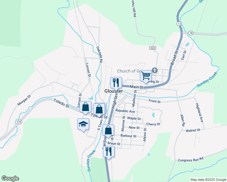 map of restaurants, bars, coffee shops, grocery stores, and more near in Glouster