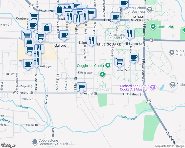 map of restaurants, bars, coffee shops, grocery stores, and more near 129 East Rose Avenue in Oxford