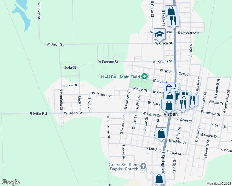 map of restaurants, bars, coffee shops, grocery stores, and more near 538 West Jackson Street in Virden