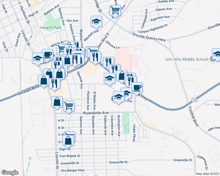 map of restaurants, bars, coffee shops, grocery stores, and more near 2565 Mesa Avenue in Oroville
