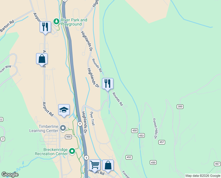 map of restaurants, bars, coffee shops, grocery stores, and more near 71 Rounds Road in Breckenridge