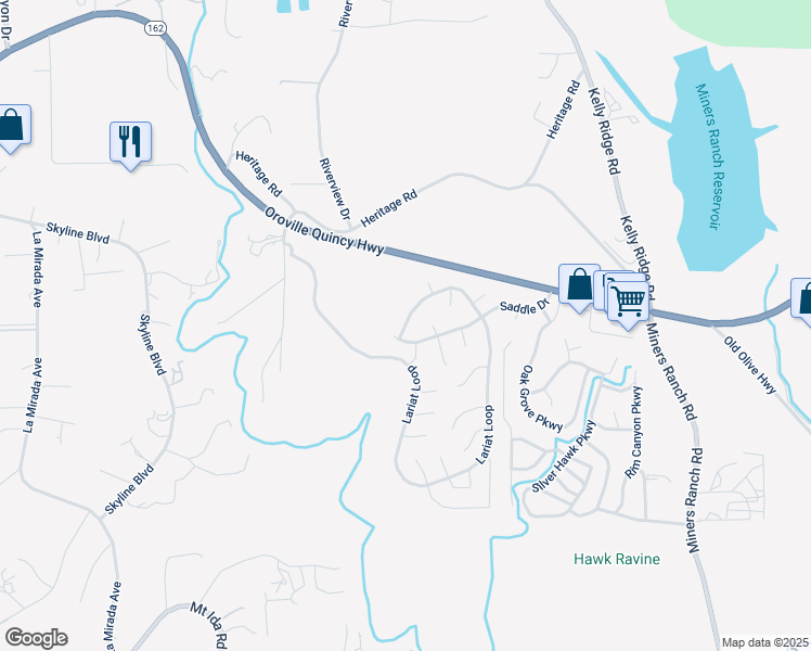 map of restaurants, bars, coffee shops, grocery stores, and more near 18 Lariat Loop in Oroville