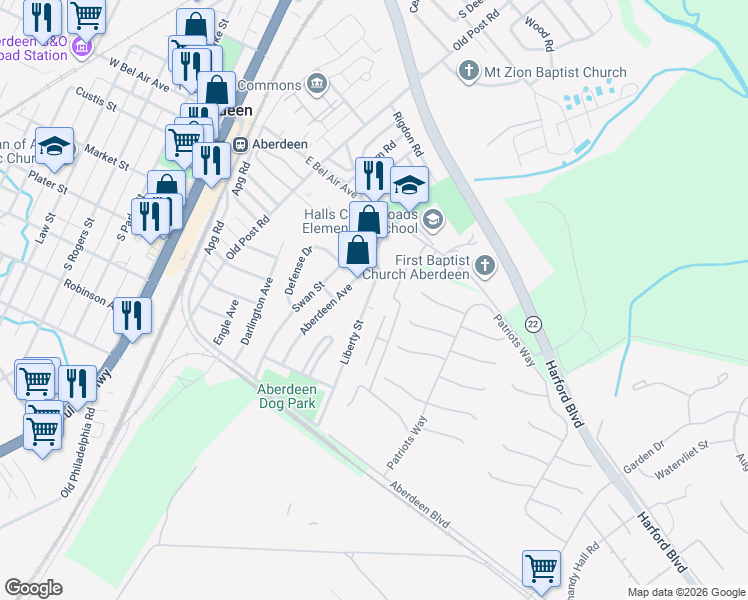 map of restaurants, bars, coffee shops, grocery stores, and more near 22 Liberty Street in Aberdeen
