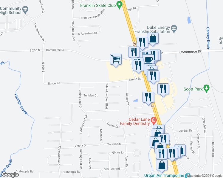 map of restaurants, bars, coffee shops, grocery stores, and more near 1085 Sunmeadow Circle in Franklin
