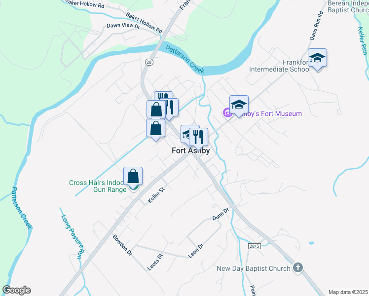 map of restaurants, bars, coffee shops, grocery stores, and more near 10164 Frankfort Highway in Fort Ashby