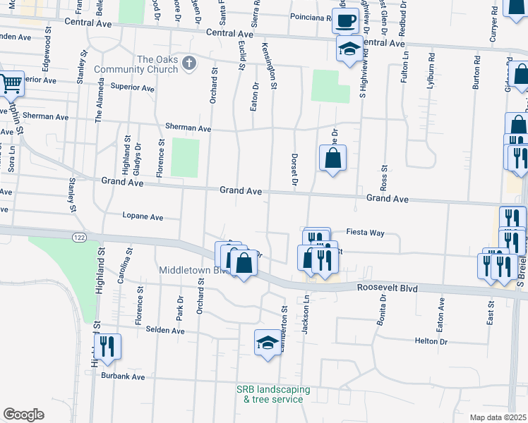 map of restaurants, bars, coffee shops, grocery stores, and more near 3300 Grand Avenue in Middletown