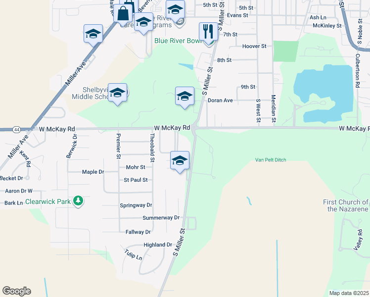 map of restaurants, bars, coffee shops, grocery stores, and more near 2309 South Miller Street in Shelbyville
