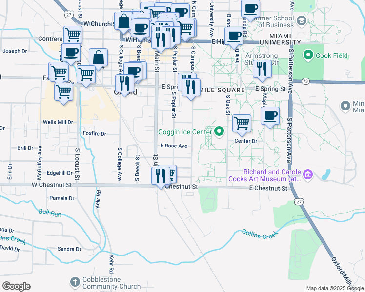 map of restaurants, bars, coffee shops, grocery stores, and more near 117 East Rose Avenue in Oxford