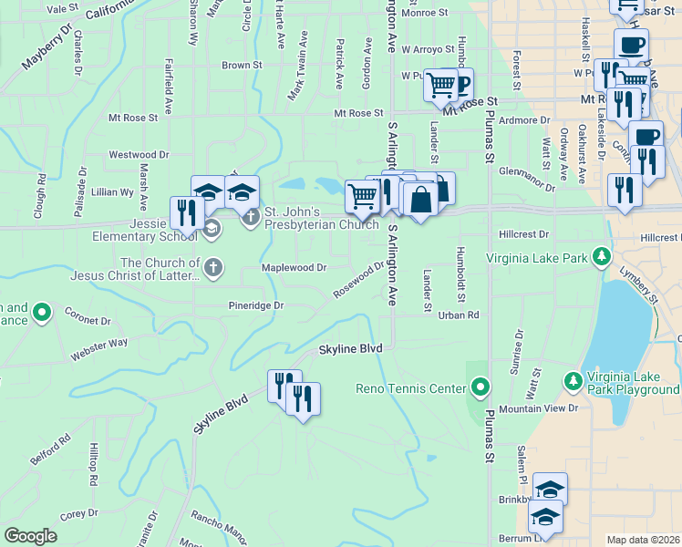 map of restaurants, bars, coffee shops, grocery stores, and more near 1644 Hoyt Street in Reno