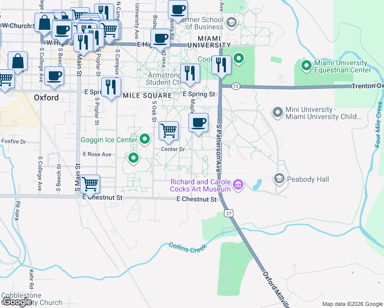 map of restaurants, bars, coffee shops, grocery stores, and more near 631 Maple Street in Oxford