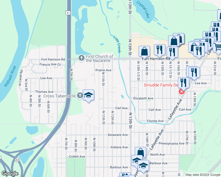 map of restaurants, bars, coffee shops, grocery stores, and more near 3076 North 12th Street in Terre Haute