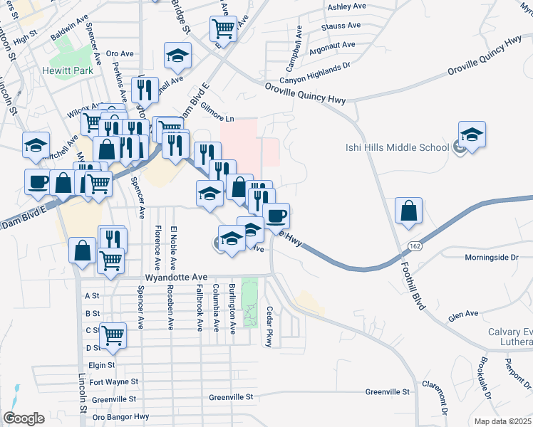 map of restaurants, bars, coffee shops, grocery stores, and more near Olive Highway in Oroville