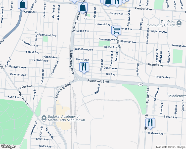 map of restaurants, bars, coffee shops, grocery stores, and more near 2010 Queen Avenue in Middletown